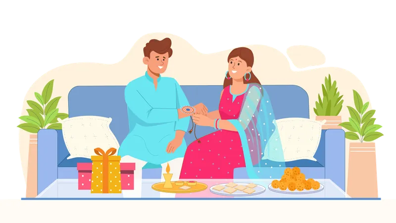 Sœur attachant Rakhi à son frère  Illustration