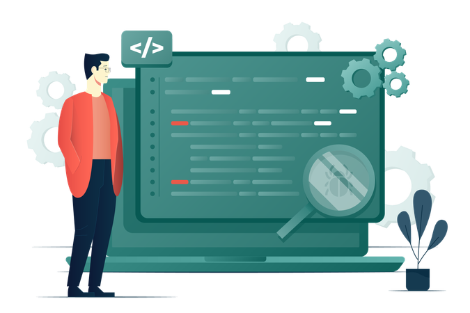 Software code testing concept Laptop with Quality assurance engineer  Illustration