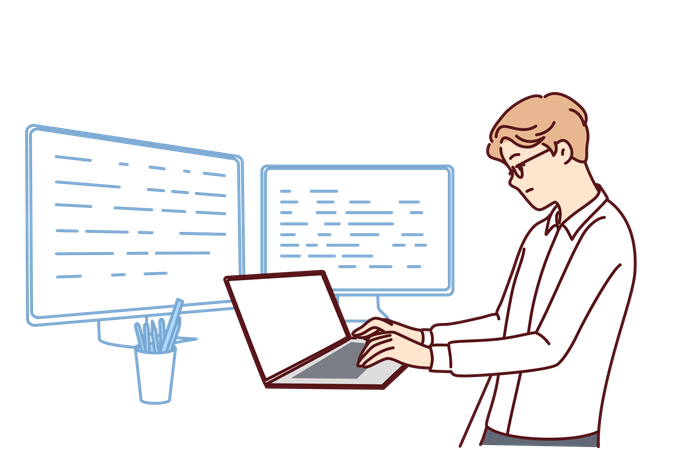 Software developer is checking up his website  Illustration