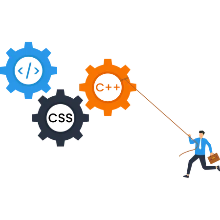 Software Developer Pulling C++ Gear  Illustration