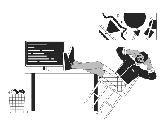 Software Developer Resting At Workplace Black And White 2 D Line Cartoon Character Black Male Web Designer At Home Office Isolated Vector Outline Person Cozy Work Monochromatic Flat Spot Illustration Illustration