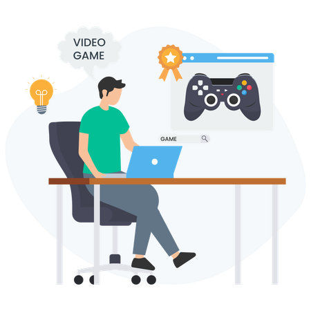 Software developer searching for video game online using his laptop  Illustration