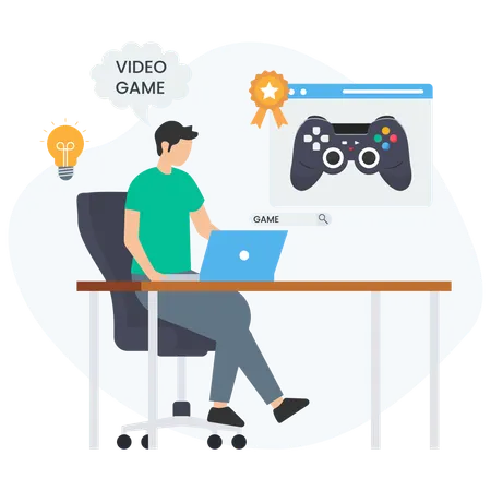 Software developer searching for video game online using his laptop  Illustration