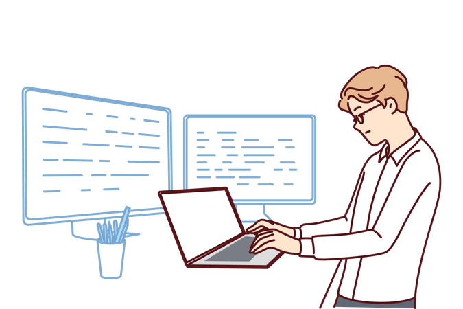 Software developer working on laptop and computer for creating server applications  Illustration