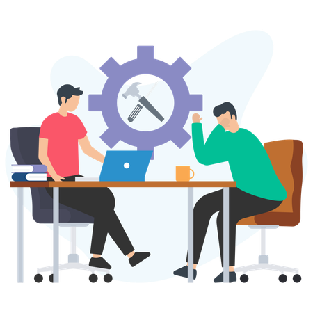 Software developers facing a bug, finding a solution during a meeting  Illustration