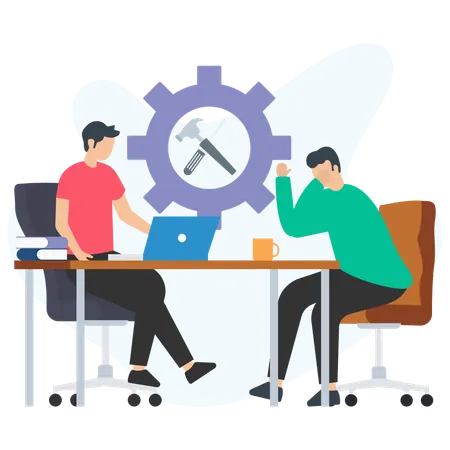 Software developers facing a bug, finding a solution during a meeting  Illustration