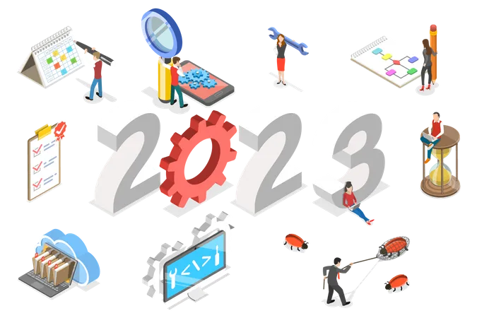 3 D Isometric Flat Vector Conceptual Illustration Of New Year 2023 And Software Development Agile Project Management Illustration