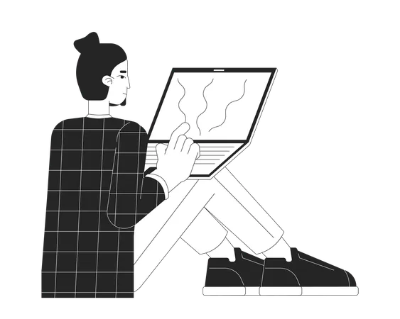 Software Development Engineer Black And White 2 D Line Cartoon Character Computer Technology Man Working On Laptop Isolated Vector Outline Person Programmer Monochromatic Flat Spot Illustration Illustration