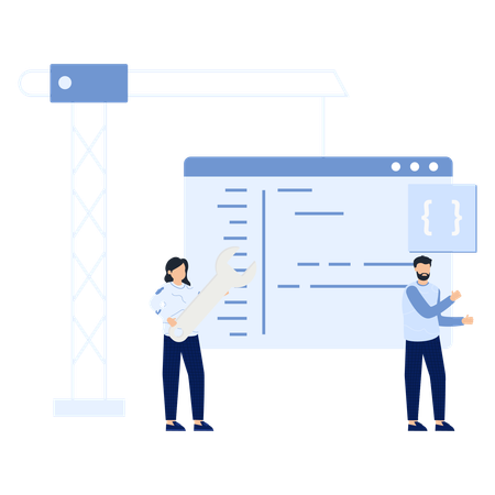 Software Development Team with Tools and Code on Screen  Illustration