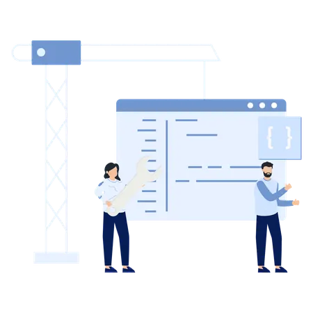 Software Development Team with Tools and Code on Screen  Illustration