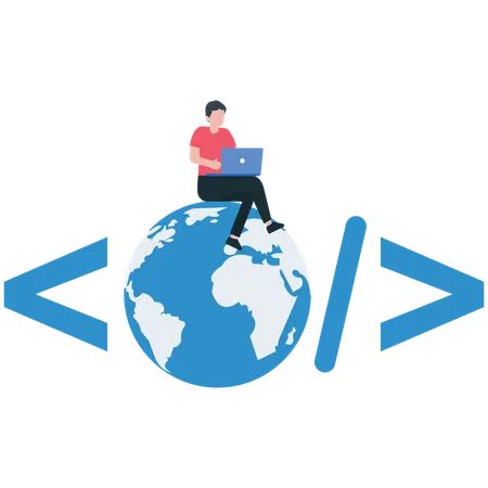 Software engineer coding on laptop sitting on globe with coding symbol  Illustration