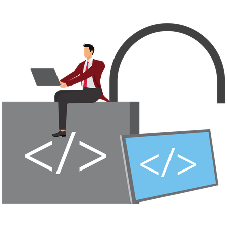 Software engineer sitting on unlocked padlock with coding symbol  Illustration