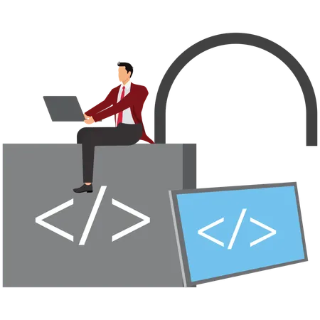 Software engineer sitting on unlocked padlock with coding symbol  Illustration