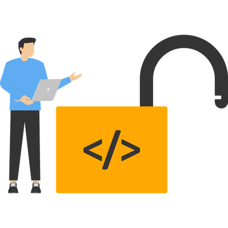 Software programmer working on unlock key with coding  Illustration