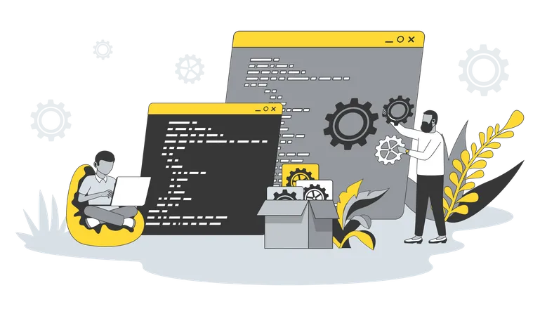 Software Development Concept In Flat Line Design People Write Code Settings And Testing Developing Programs And Applications Working At IT Industry Vector Illustration With Outline Scene For Web Illustration