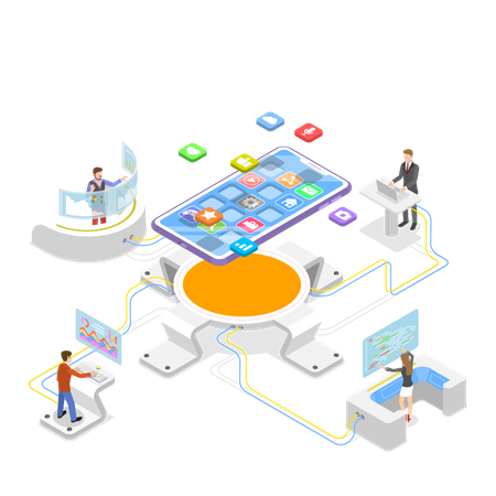 Softwareentwicklerteam arbeitet an der Entwicklung mobiler Apps  Illustration