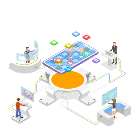 Softwareentwicklerteam arbeitet an der Entwicklung mobiler Apps  Illustration