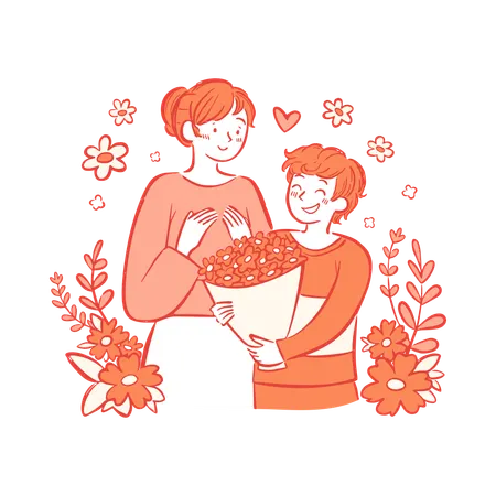 Sohn schenkt Mutter liebevoll Blumen  Illustration