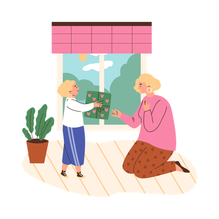 Sohn schenkt seiner Mutter am Muttertag eine Geschenkbox  Illustration
