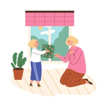 Sohn schenkt seiner Mutter am Muttertag eine Geschenkbox  Illustration