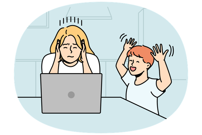 Sohn schreit und Mutter arbeitet zu Hause  Illustration