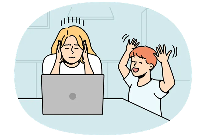 Sohn schreit und Mutter arbeitet zu Hause  Illustration