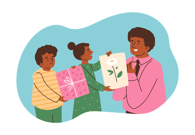 Sohn und Tochter schenken dem Vater am Vatertag eine Blumenzeichnung und eine Geschenkbox  Illustration