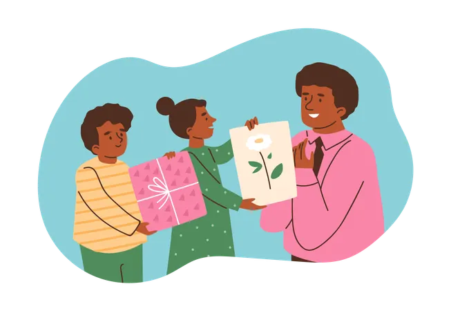 Sohn und Tochter schenken dem Vater am Vatertag eine Blumenzeichnung und eine Geschenkbox  Illustration