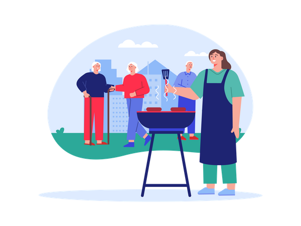 Soirée barbecue dans une maison de retraite  Illustration