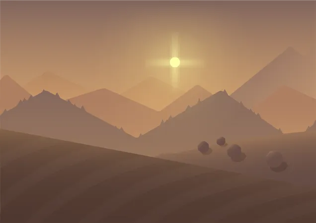 Sol nascendo acima das montanhas no deserto  Ilustração