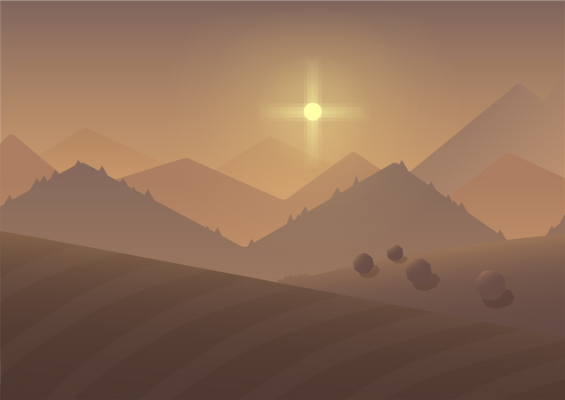 Sol saliendo sobre las montañas en el desierto  Ilustración