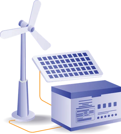 Solar and wind energy is stored in generator  イラスト