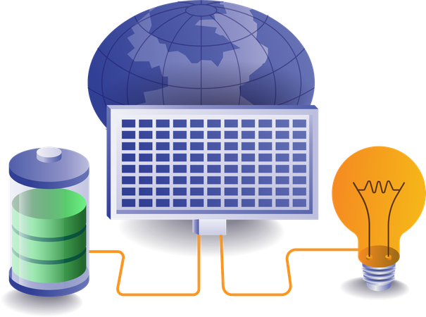 Solar energy is used in battery charging and glowing bulb  Illustration