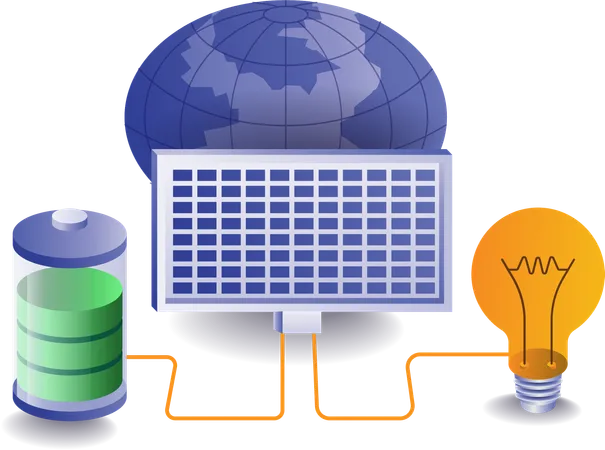 Solar energy is used in battery charging and glowing bulb  Illustration