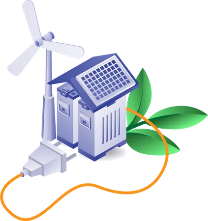 Solar energy storage batteries and windmills  Illustration
