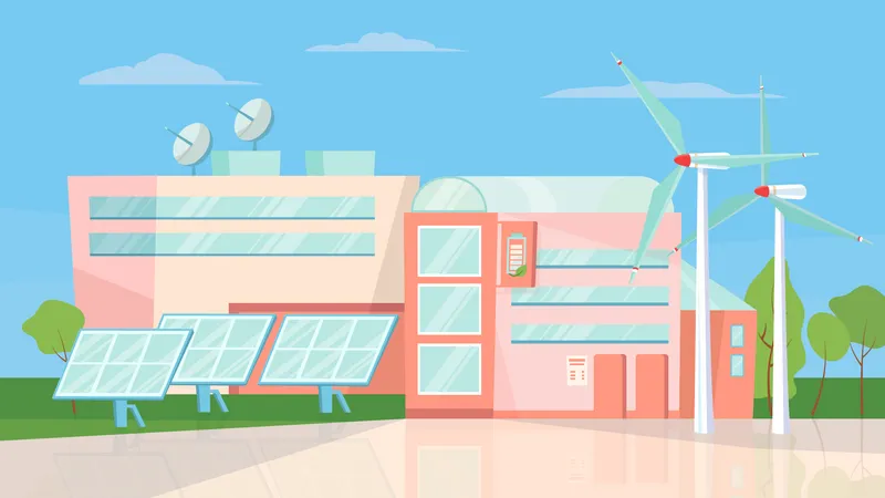 Eco Energy Factory Building View Banner In Flat Cartoon Design Wind Turbines And Solar Panels Generate Green Energy Power Station And Zero Emission Concept Vector Illustration Of Web Background Illustration