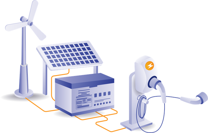 Solar panel energy storage battery with electric car charger technology  Illustration