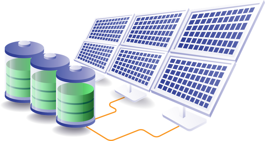Solar panel stores energy in batteries  Illustration