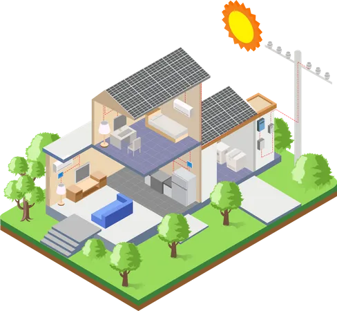 Solar Panels On The Roof Of The House With Electric Poles Illustration