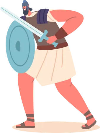 Soldado Antigo usa armadura com espada e escudo redondo  Ilustração