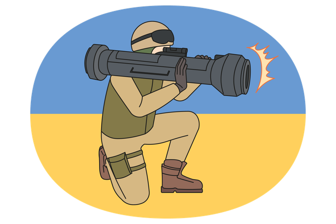 Soldado com arma de mísseis na bandeira ucraniana  Ilustração
