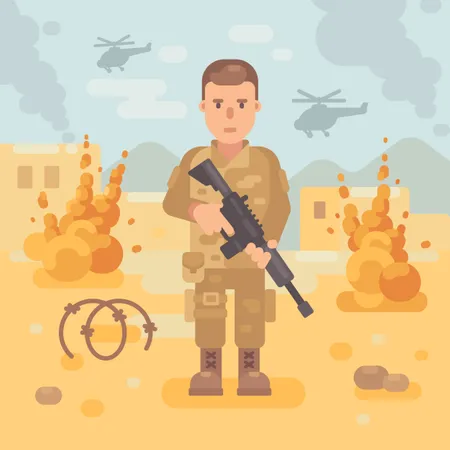 Soldado Con Un Rifle En La Ilustración Plana Del Campo De Batalla Con Fondo De Escena De Guerra  Ilustración