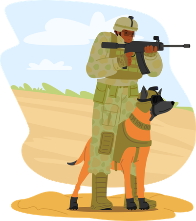 Soldado do exército com cachorro  Ilustração