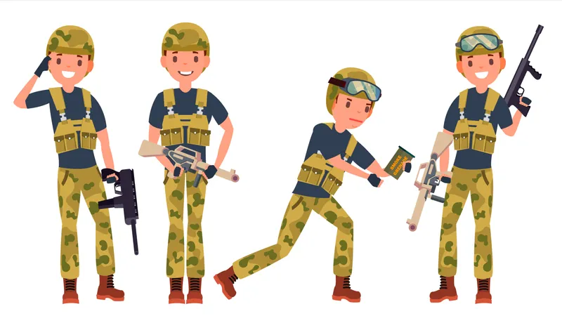 Vector Masculino Soldado Diferentes Posturas Militares En Accion Uniforme De Camuflaje Ejercito Ilustracion De Personaje De Dibujos Animados Ilustración