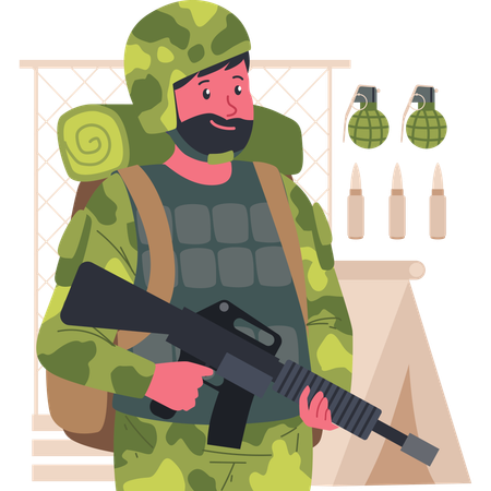 Soldado masculino se preparando para a guerra  Ilustração