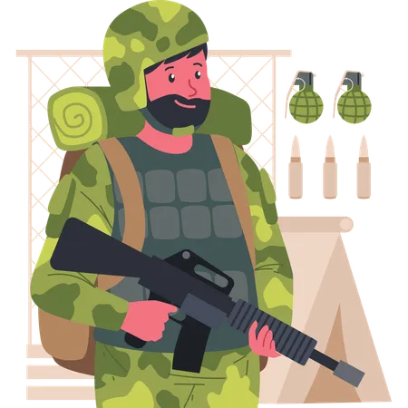 Soldado masculino se preparando para a guerra  Ilustração