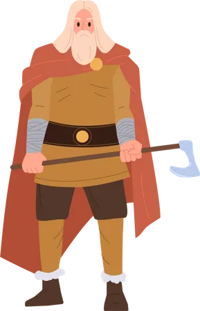 Soldado nórdico medieval vestindo traje de armadura tradicional e segurando machado militar  Ilustração