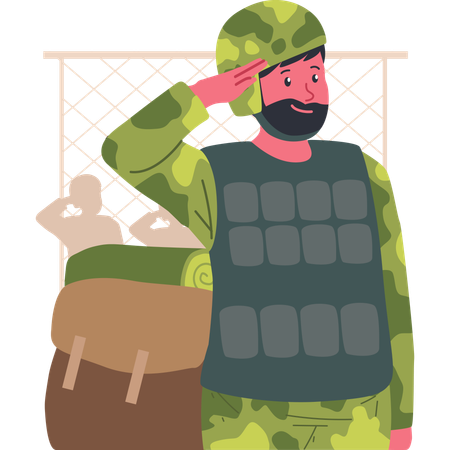 Soldado de pie en posición de saludo  Ilustración