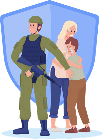 Soldado protegiendo a los ciudadanos  Ilustración