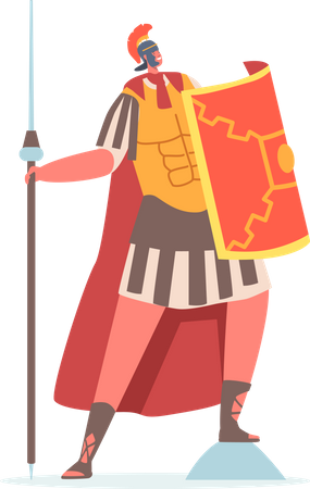 Soldado romano sosteniendo lanza y escudo  Ilustración